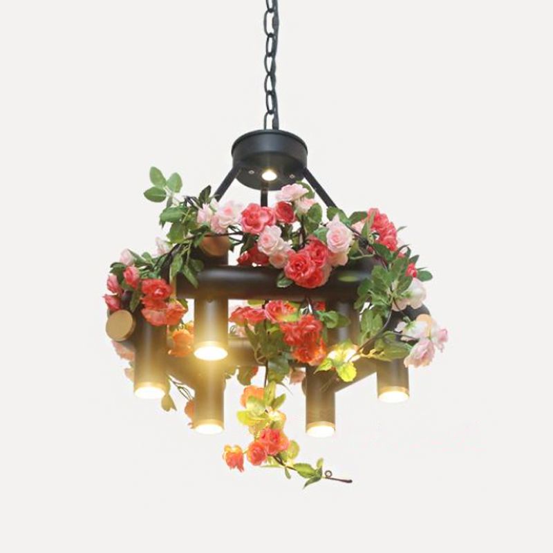 6-Light Chandelier Lamp Vintage Tubular Iron Down Lighting Pendant in Black with Artificial Flower