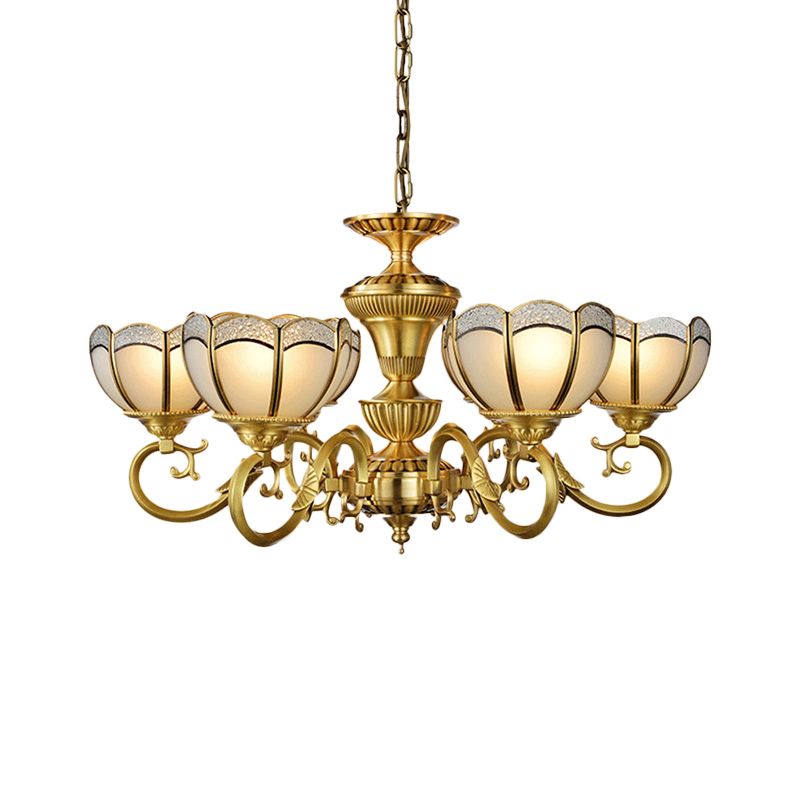 6 Lights Chandelier Pendant Lamp Colonial Bedroom Ceiling Suspension Light in Gold with Bowl Frosted Glass Shade