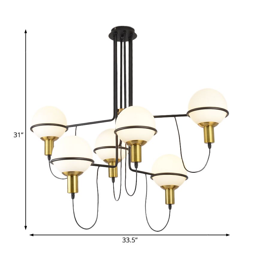 Gold Radial Chandelier Lighting with White Glass Sphere Shade Modernist Multi Lights Metal Hanging Lamp Fixture