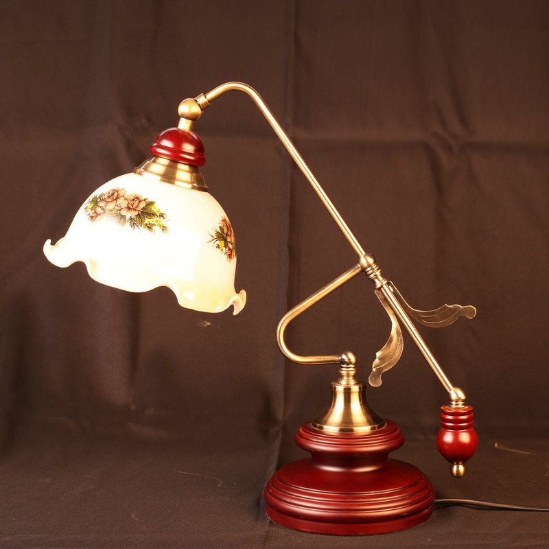 Retro Ruffled Bowl Table Light 1 Head White Glass Night Lamp with Gold-Red Brown Lever Arm