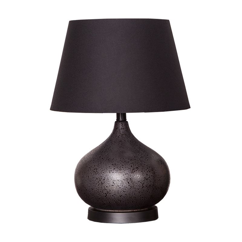 1-Light Night Lamp Farm Style Teardrop Ceramic Table Lighting with Drum Fabric Shade in Black