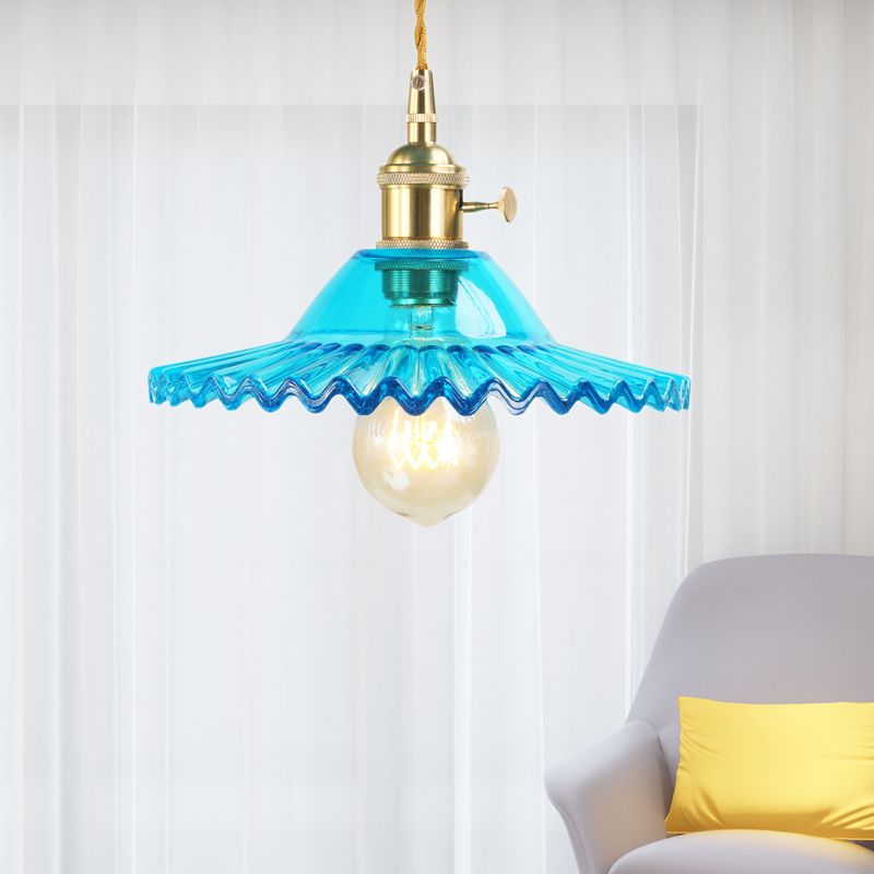 1 Light Hanging Lighting Industrial Scalloped Shade Blue Prismatic Glass Pendant Lamp Fixture