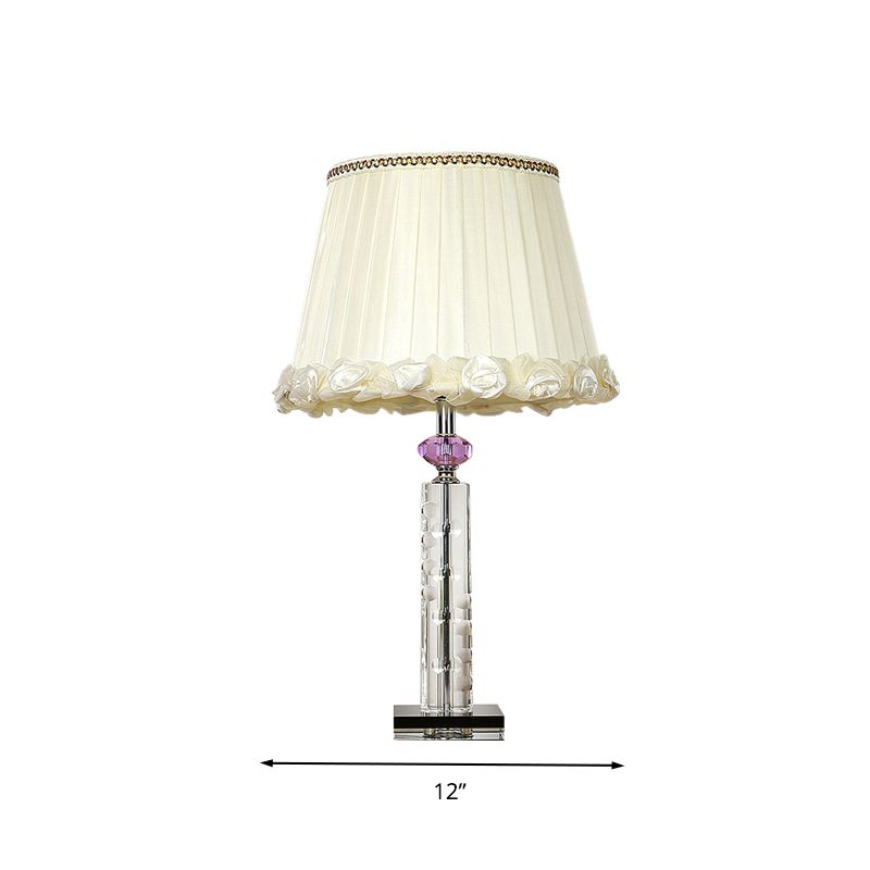 Tapered Crystal Table Light Countryside Single Head Bedroom Night Lamp in White with Braided Trim