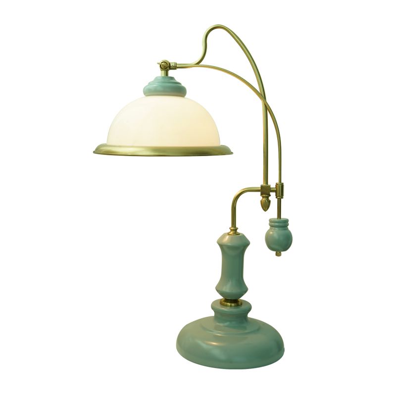 Vintage Bowl Reading Lamp 1-Light Frosted Glass Nightstand Lighting with Curved Arm in Blue