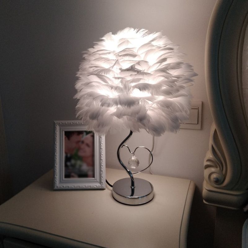 1-Light Bedroom Night Lamp Nordic Grey/Orange/Pink Table Light with Dome Feather Shade and Crystal Accent