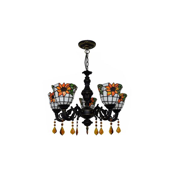 Bell Chandelier Tiffany Tache-vitrail 5 lumières Lumière de suspension décorative avec motif de tournesol