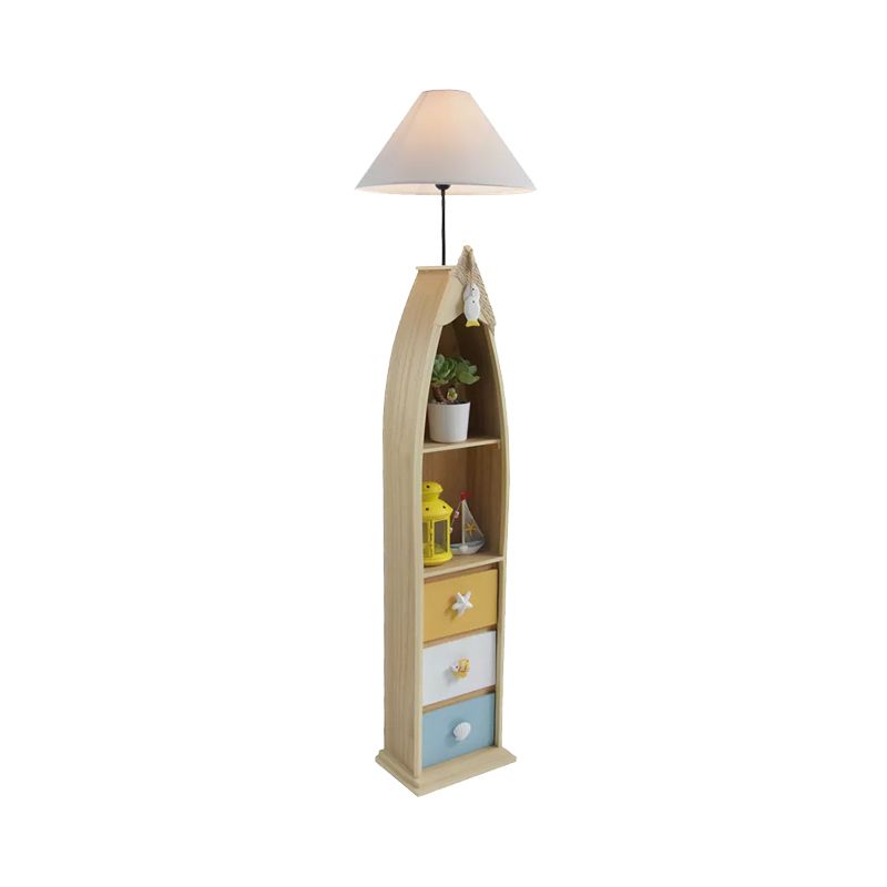 Wood Surfboard-Like Shelf Floor Lamp Children Single Head Pink/Green/Blue Standing Light with Cone White Fabric Shade