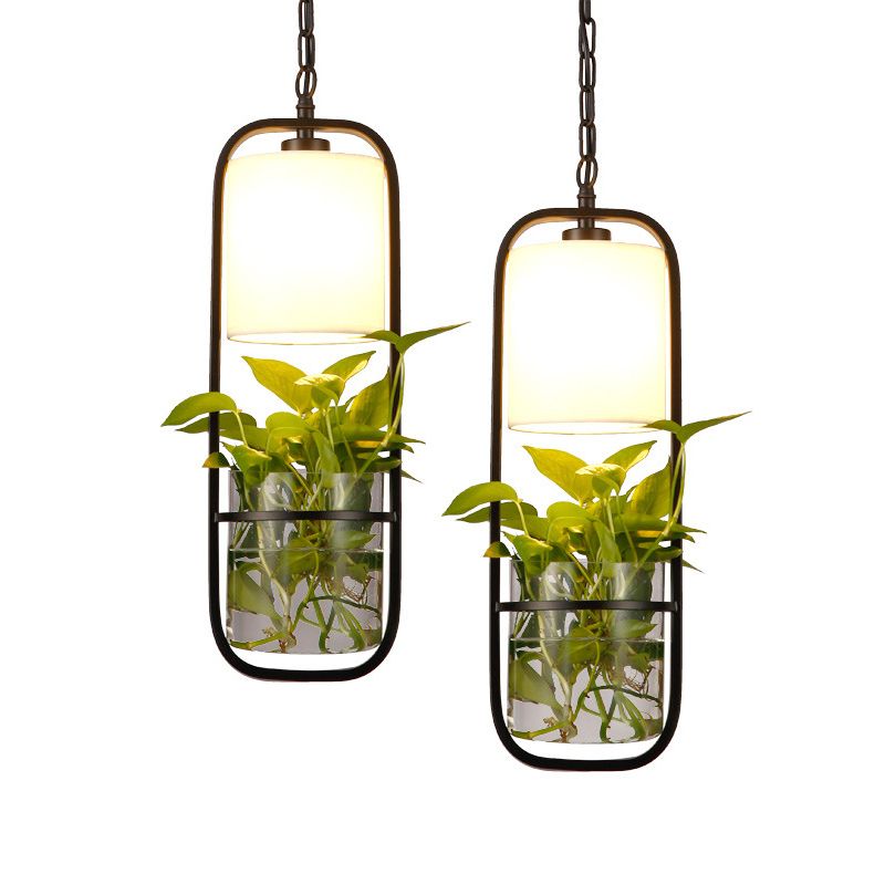 Industrial Cylinder Pendant Lamp 1 Light Metal Hanging Light Fixture Without Plants in Black