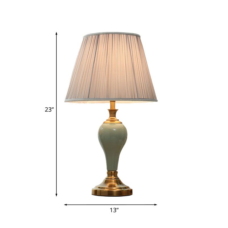 Ceramic Urn Table Lighting Vintage 1 Bulb Bedside Nightstand Light in Aqua/Beige/Silver Grey with Tapered Fabric Shade