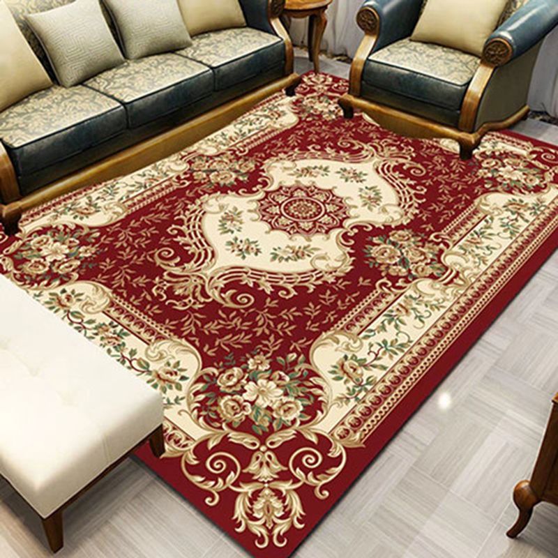 Classical European Floral Print Rug Yellowe Tone Polyester Area Carpet Non-Slip Backing Rug for Living Room