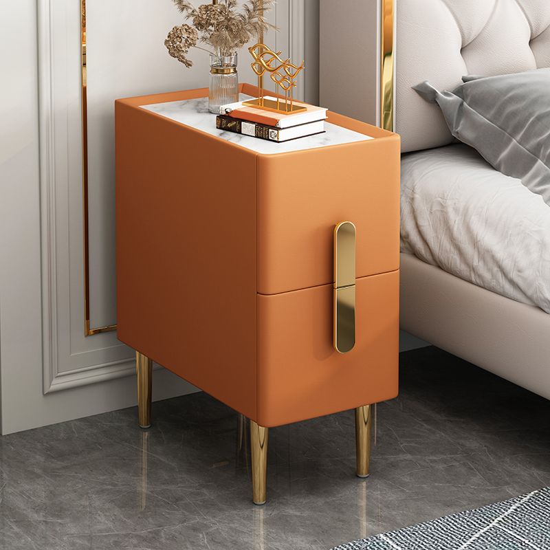 Stone Top Nightstand with 4 Legs Glam Leather Night Table with Drawers