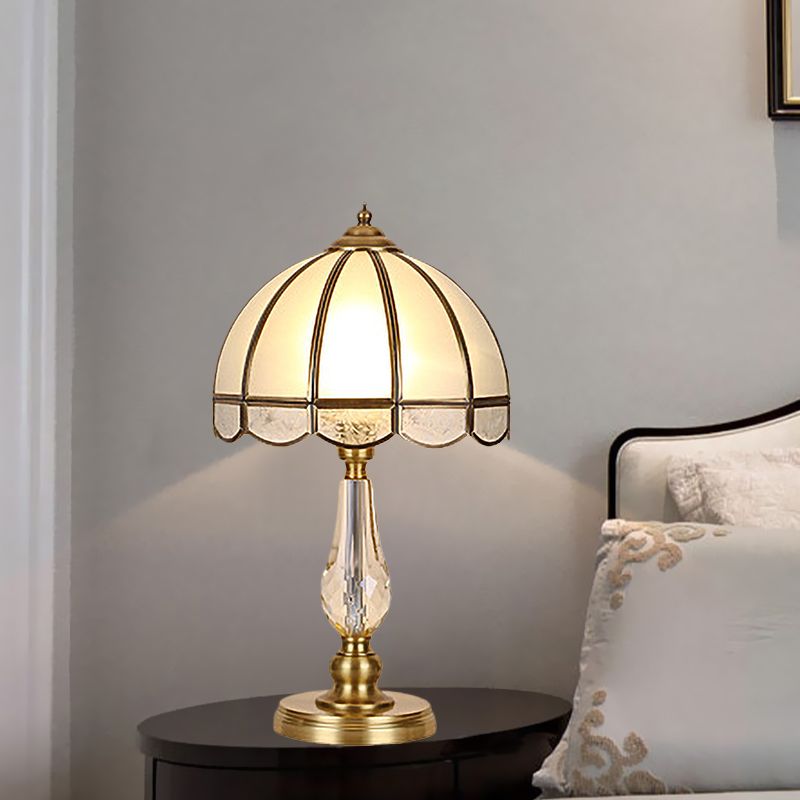 1 Bulb Night Table Lamp Vintage Scalloped Shade Beige/Frosted Glass Nightstand Light in Gold with Clear Crystal Accent