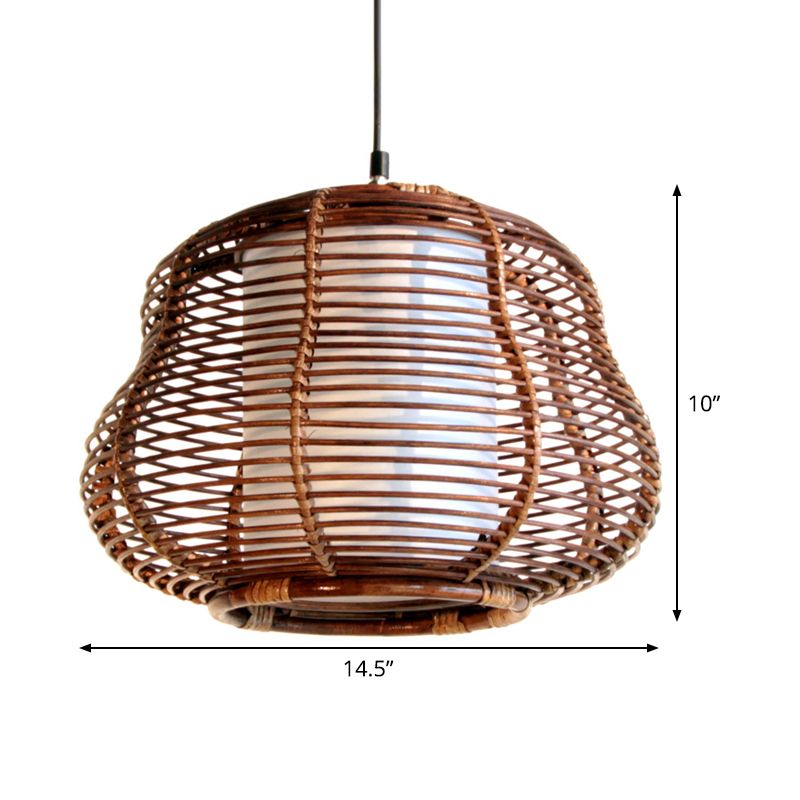 Lampada a ciondolo di zucca marrone Asia 1 lampadina Bamboo Afferma del soffitto con ombra tubolare bianca interna