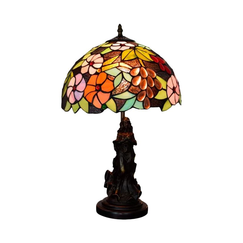 Tiffany Glass Grapes Table Lamp Baroque 1-Bulb Brown/Green/White-Brown Night Stand Light with Girl Base