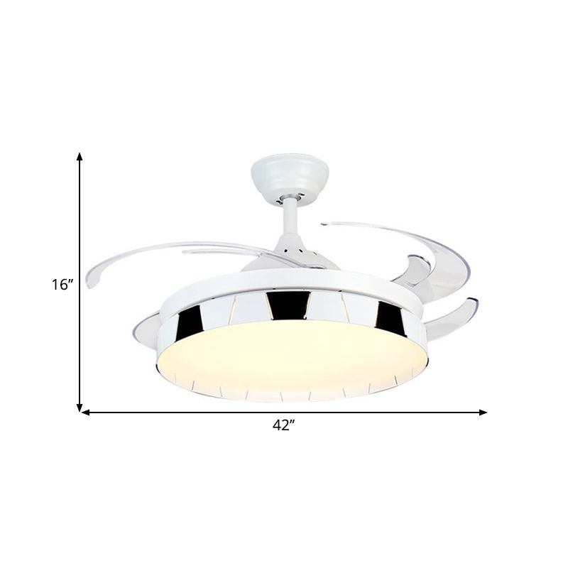 42" Width Round Semi Flush Mount Contemporary Acrylic White-Black LED Pendant Fan Light with 4 Clear Blades