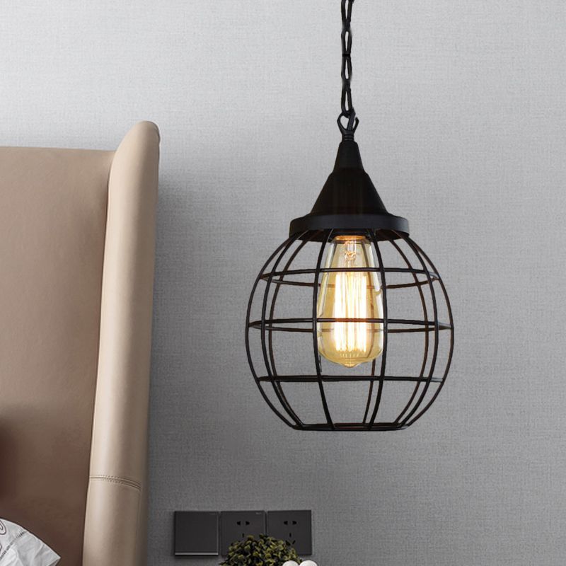 Metal Cage Pendant Light Farmhouse Style 6"/7" Wide 1 Head Balcony Ceiling Fixture with Globe Shade in Black