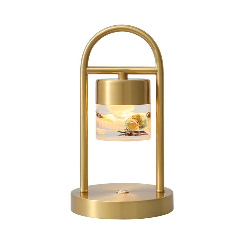 Cylinder Portable Touch Table Lamp Retro Novelty Acrylic Brass LED Night Light with Handle and Seashell Decor Inside