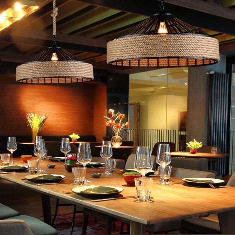 Rope Shade Suspension Light Industrial Metal Single Drop Light en noir pour restaurant