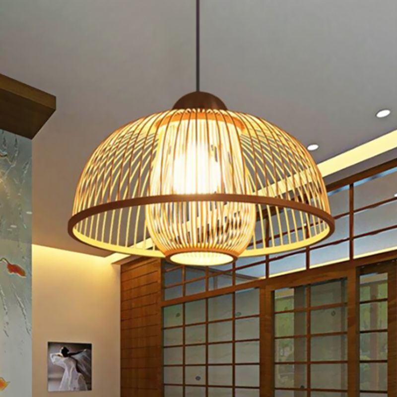 Single Head Dome Shade Hanging Lamp Asian Bamboo Ceiling Drop Light over Dining Table