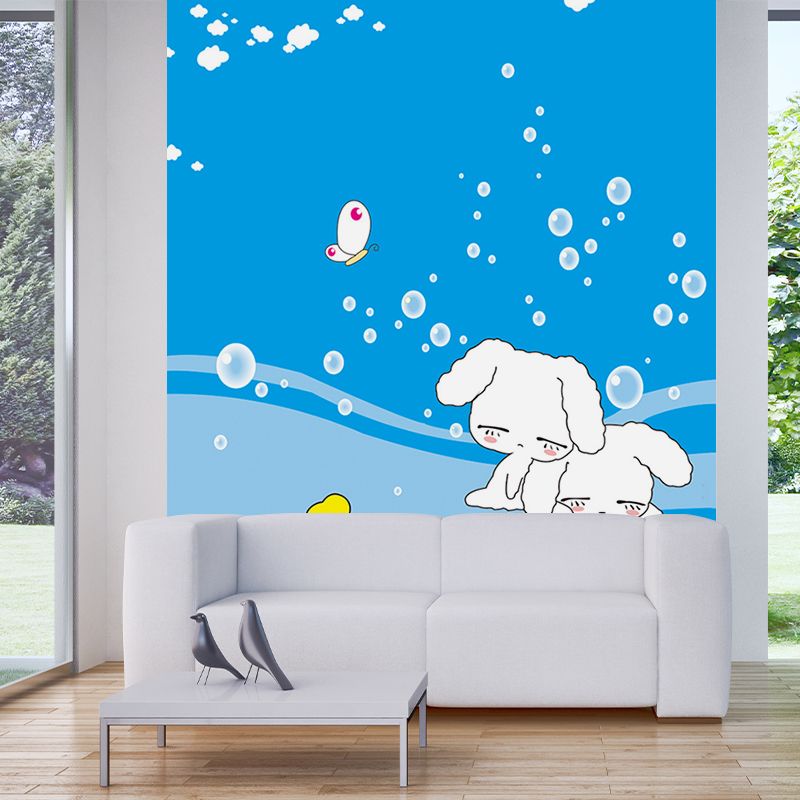 Childrens Art Bubbles Mural Wallpaper White Rabbit Wall Decor on Blue for Nursery