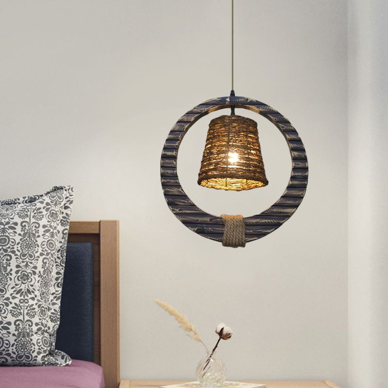 Antique Cone Suspension Pendant Light 1 Bulb Rattan Hanging Lamp in Black with Hemp Rope and Round Wood