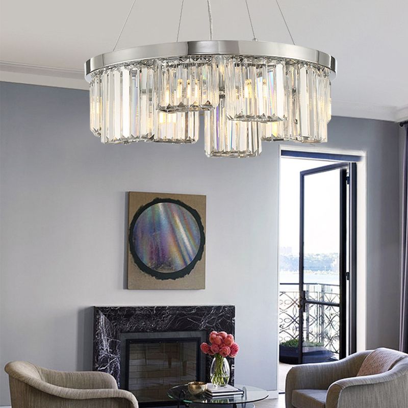 Simple Round Chandelier Lighting Crystal 10 Lights Living Room Hanging Ceiling Pendant in Chrome