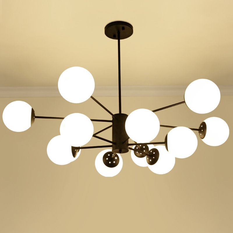 Frosted White Glass Ball Shade Chandelier 12-Light Modern Style Black Pendant Light for Bedroom Living Room