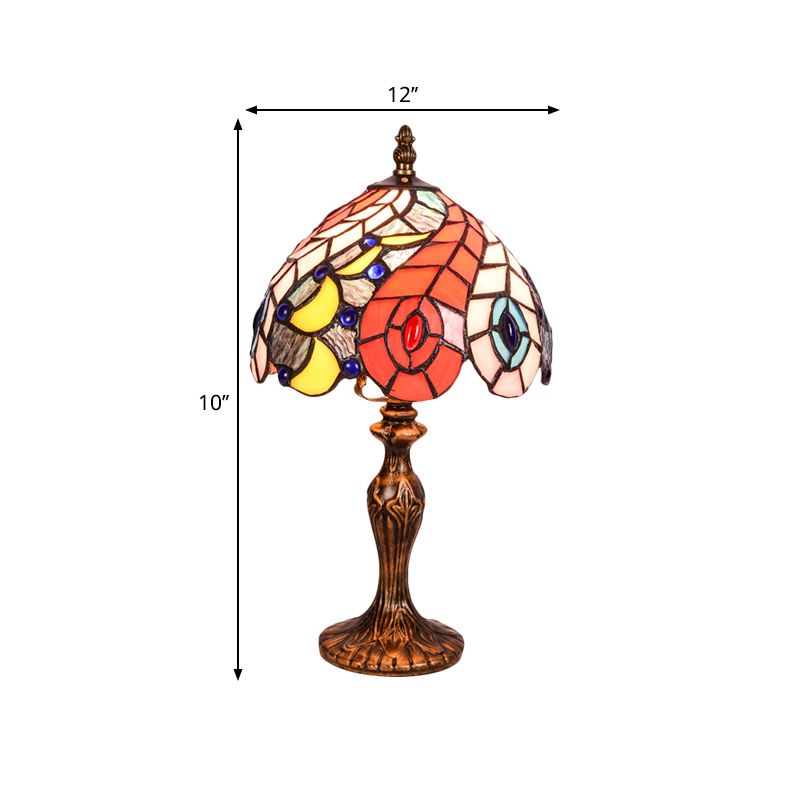 2-Light Bedroom Table Lamp Baroque Brass Peacock Tail Patterned Night Light with Bowl Stained Glass Shade