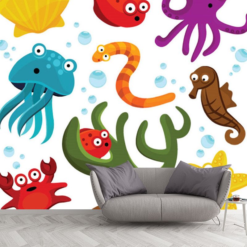 Illustration Sea Animals Mural Wallpaper Large Wall Decor for Kids Room, Customized Size