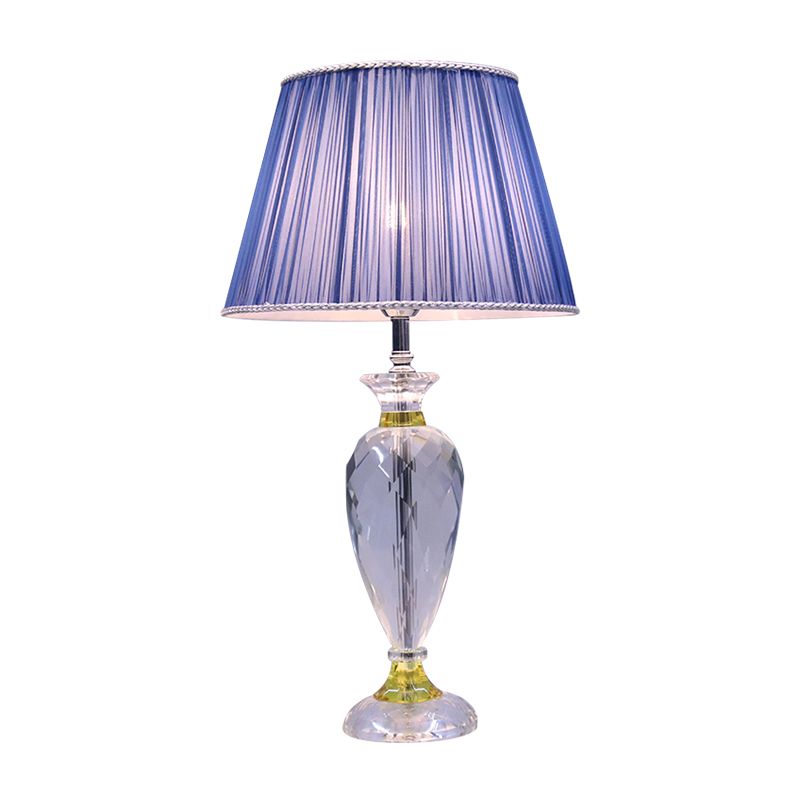 Modern 1 Head Table Lamp Blue Barrel Night Lighting with Urn-Shaped Crystal Base for Bedroom