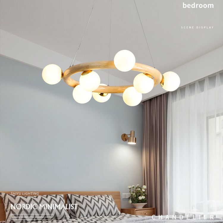 Modern Ceiling Pendant Wood Light Opal Glass Light Foyer Indoor Light