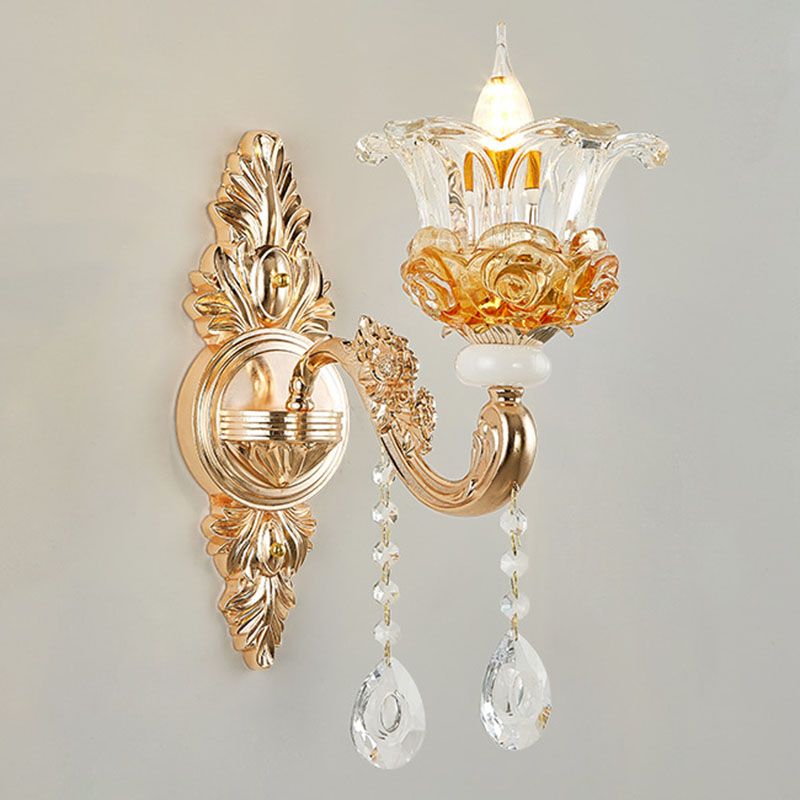 Living Room Chandelier Lamp Simple Gold Suspension Light Fixture with Floral Clear Glass Shade