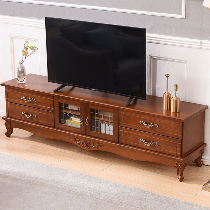 Traditional Solid Wood TV Cabinet Living Room Luxury TV Stand with Glass Doors