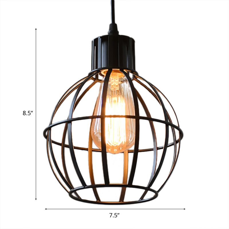 Black Finish 1 Bulb Pendant Hanging Light Industrial Metal Ball Cage Shade Ceiling Lamp for Restaurant