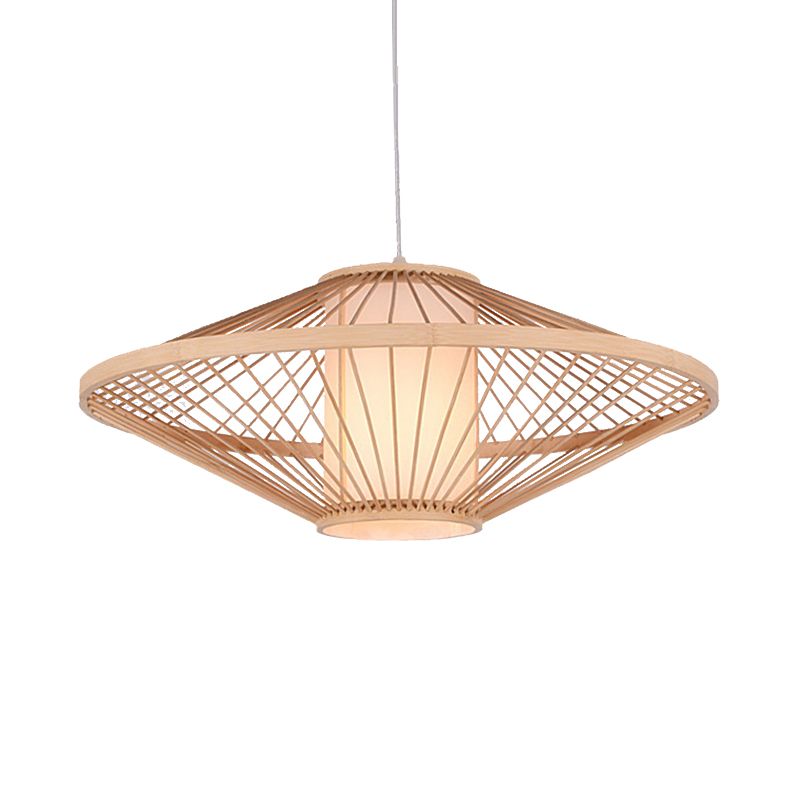 19.5"/23.5" Dia Saucer Suspended Lamp Modern Style Bamboo 1-Bulb Black/Beige Hanging Light Fixture for Living Room