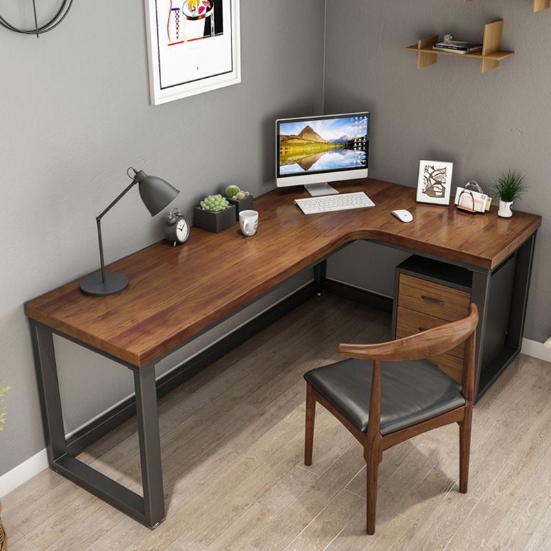 Industrial Solid Wood Writing Desk L-Shape Trestle Base Office Desk