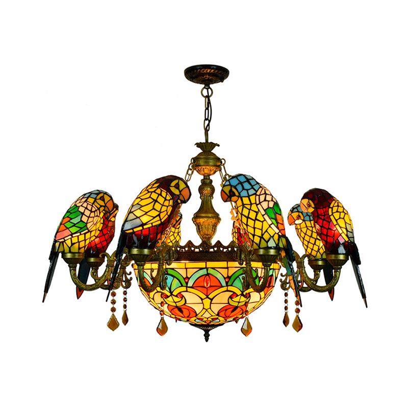 9 Lights Parrot Armed Suspension Light Rustic Stained Glass Chandelier Light in Yellow for Villa