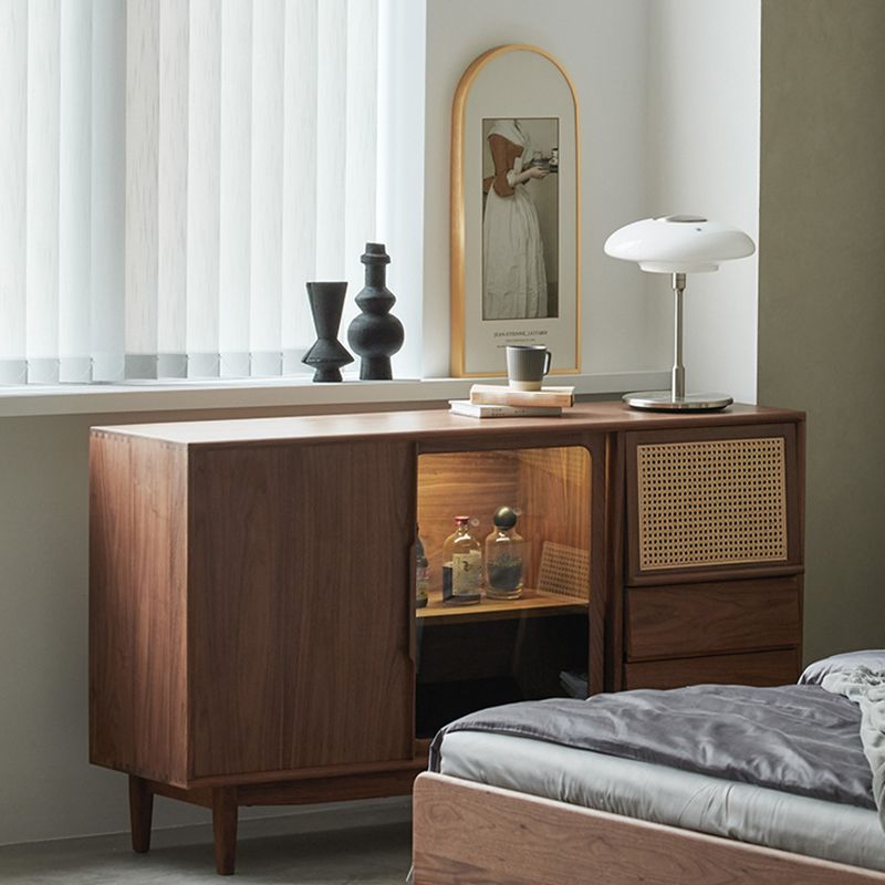 Contemporary Solid Wood Buffet Table Brown Sideboard with 2 Drawers