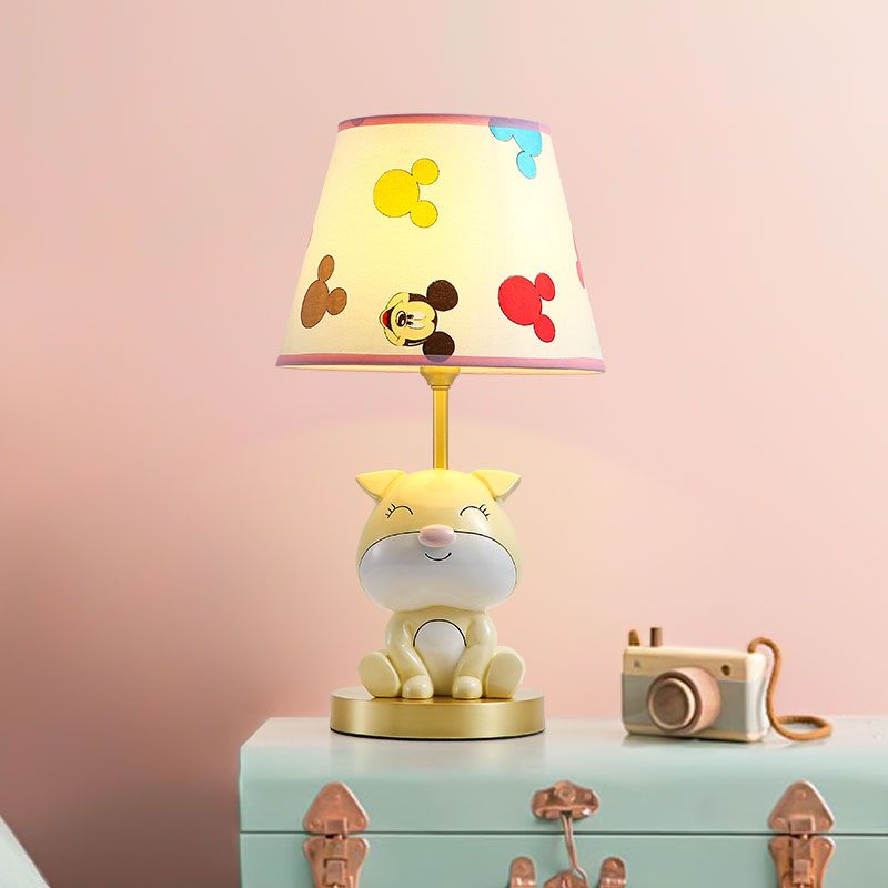 Yellow/Orange Doggy Table Lighting Kids 1 Bulb Resin Night Stand Lamp with Fabric Shade for Child Bedroom