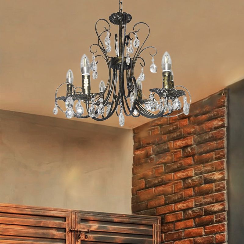 Rustic Style Candle Chandelier Lighting Wrought Iron 6 Lights Suspension Lamp with Crystal Accent in Brass