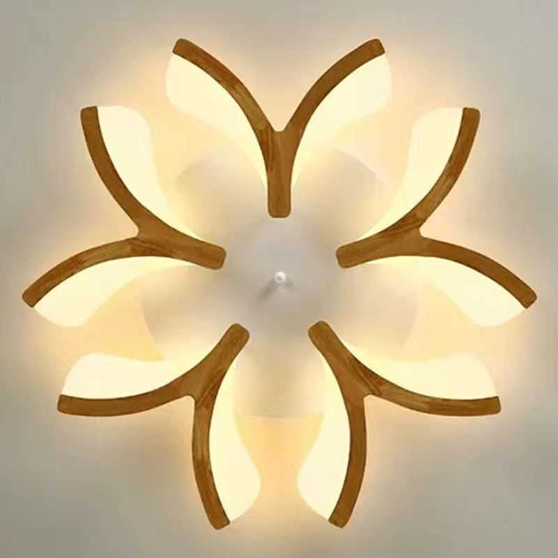 LED Modern Wood Flush Mount Flower Shape Ceiling Light with Acrylic Shade for Living Room