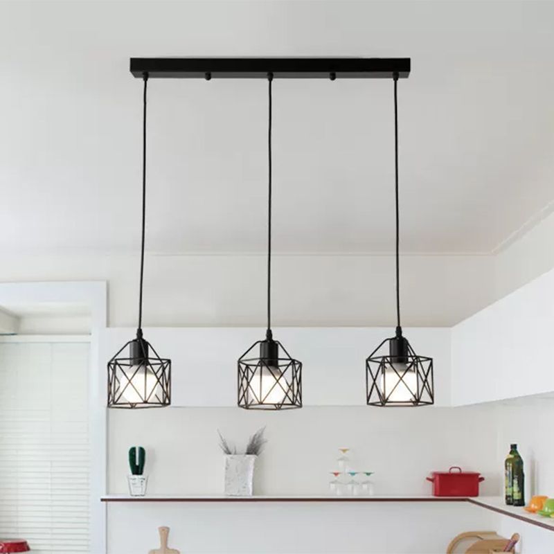 Hexagon Kitchen Plafond Disponte avec cage à cage de fil Ferme Métallique 3 bulbes Black Finish Pendant Light