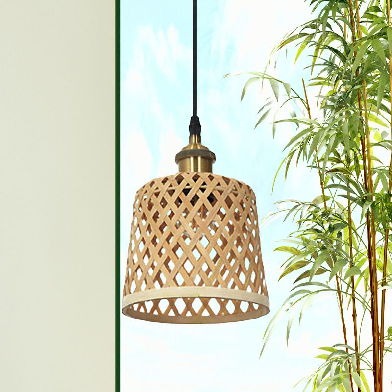 Hand-Worked Bamboo Hanging Light Modern 1 Head Beige Pendant Lamp with Barrel/Dome Shade for Coffee Shop