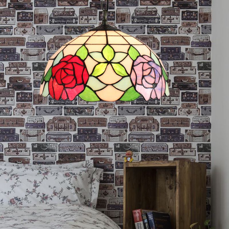 1 kop kom hanglamp lamp barok zwart gebrandschilderd glas gesuspendeerd verlichtingsarmatuur met rood/roze rozenpatroon