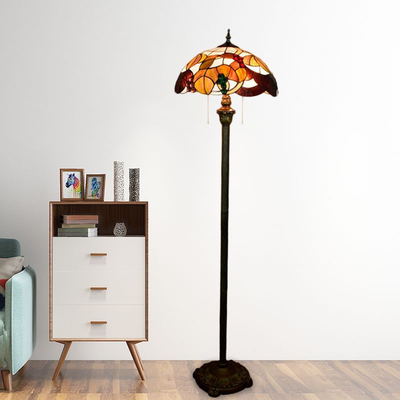 Baroque Scalloped Floor Lamp 2-Bulb Cut Glass Leaf and Grape Patterned Standing Light in Brass with Pull Chain