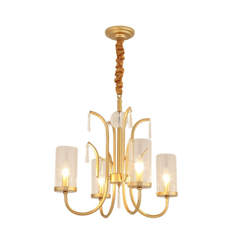 Modernism Cylinder Pendant Light Clear Glass 4/6/8 Lights Chandelier Lamp with Crystal Accent in Gold Finish