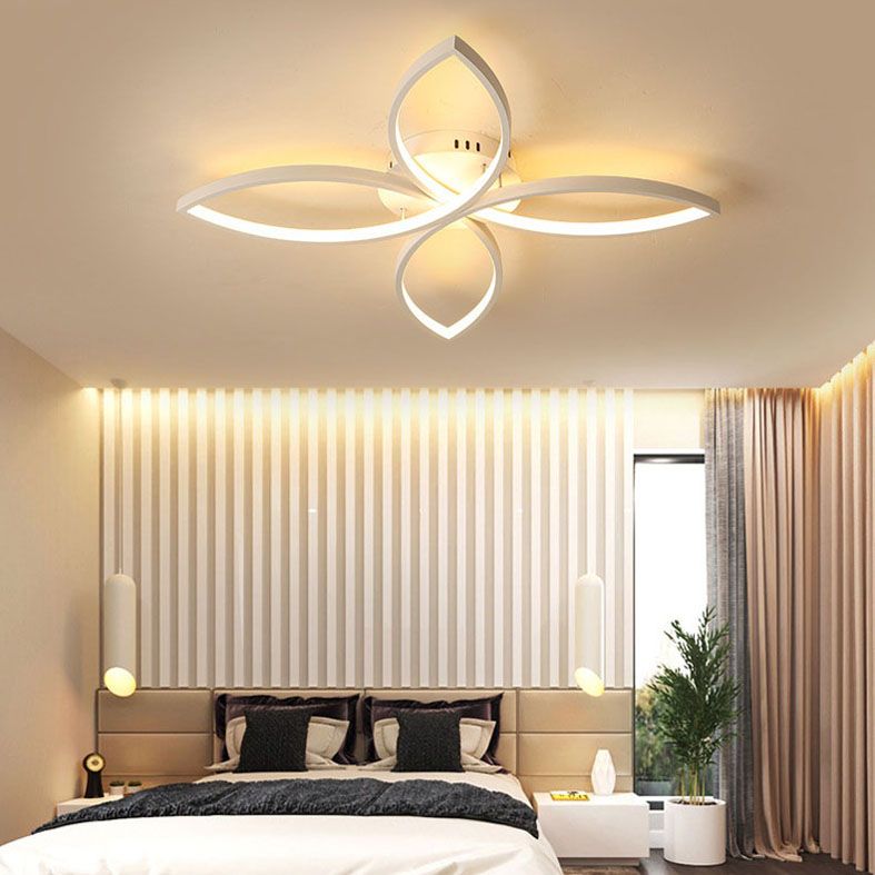 LED Bedroom Semi Flush Mount Light Nordic White Semi Flush Mount Lighting with Floral Metal Shade