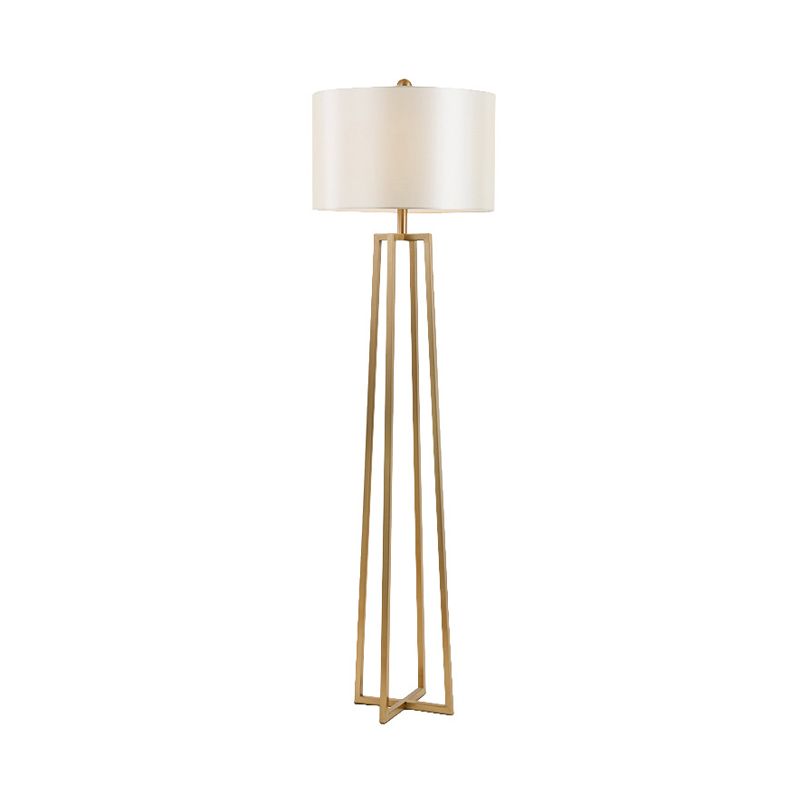 White Fabric Drum Shade Floor Light Modernist 1-Head Quadruped Floor Standing Lamp in Gold