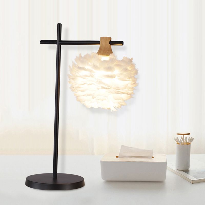 Nordic Mini Globe Night Light Feather 1-Light Bedroom Table Lamp with Cross Arm in Black-White