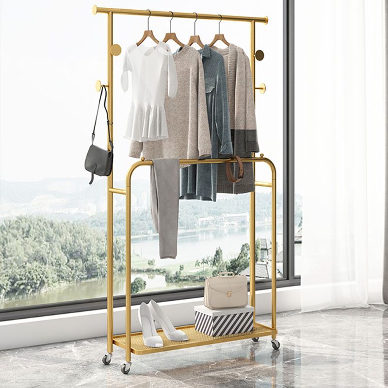 Luxurious Metallic Coat Hanger Free Standing Hooks Design Coat Rack with Universal Wheel